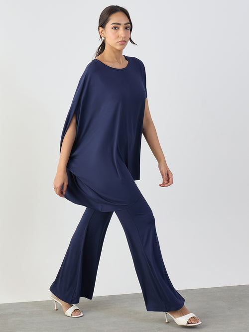 Bamboo Navy Knit Flared Pants