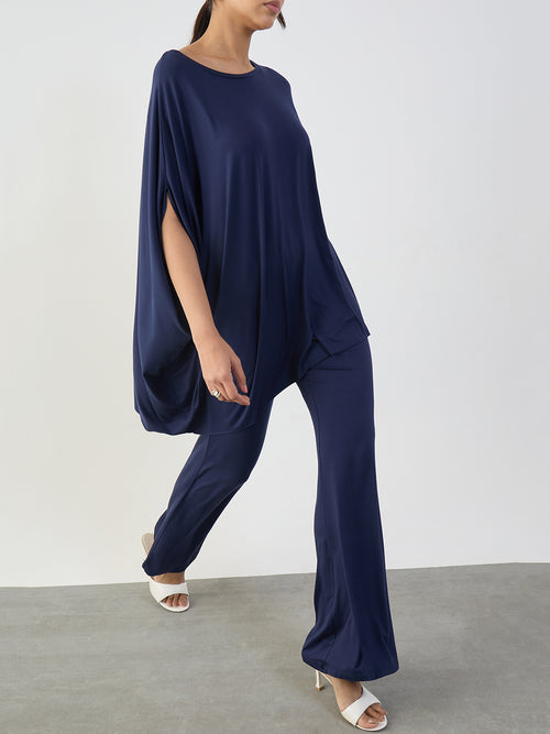 Bamboo Navy Knit Flared Pants