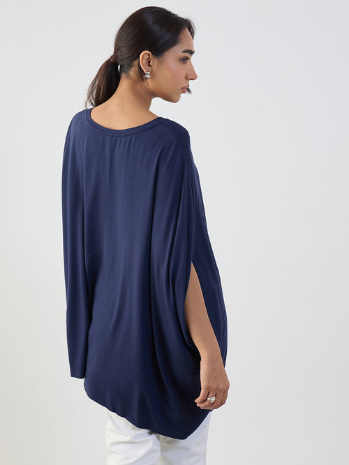 Bamboo Navy Knit Oversize Asymmetrical Top