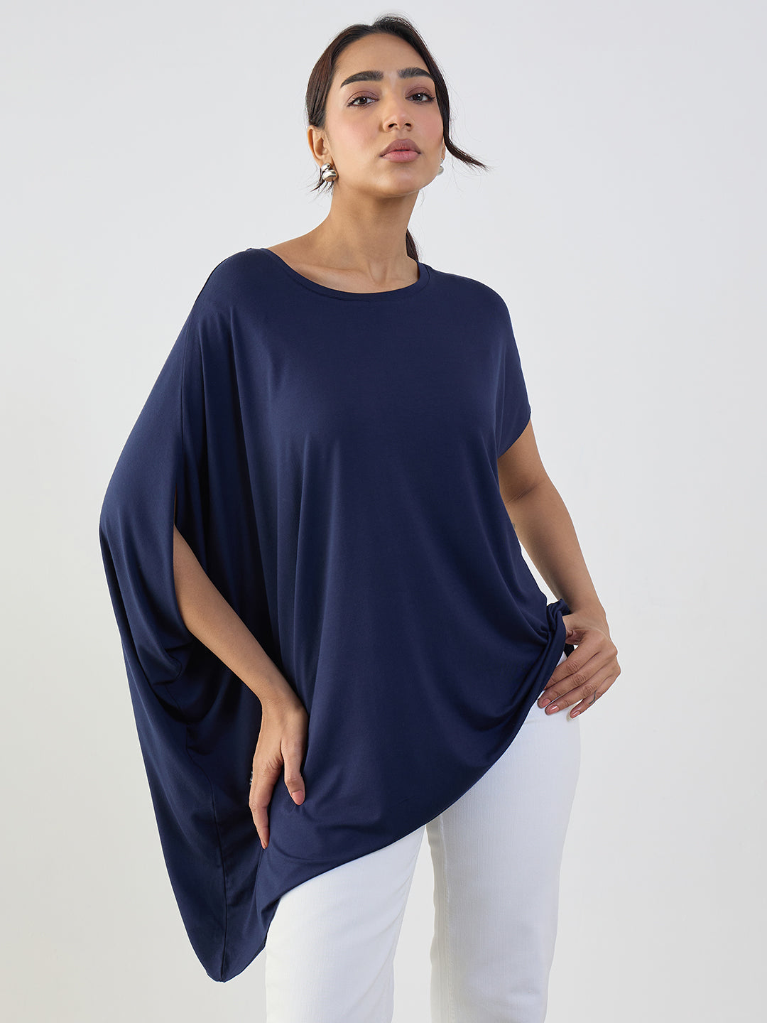 Bamboo Navy Knit Oversize Asymmetrical Top