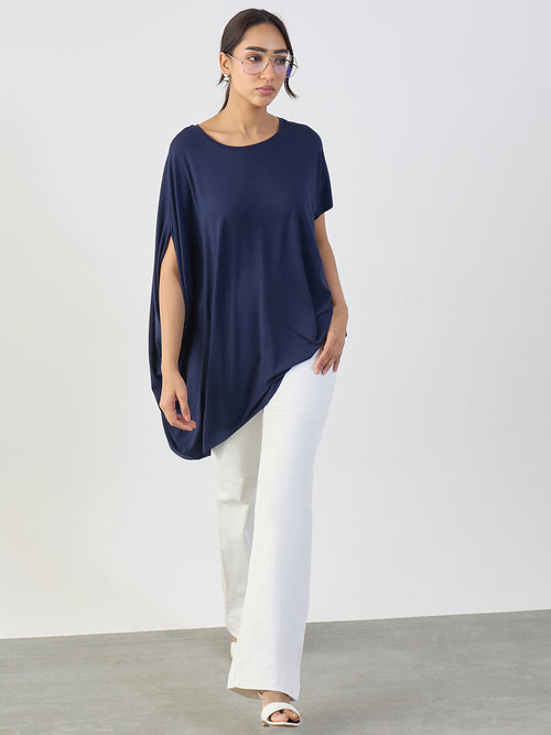Bamboo Navy Knit Oversize Asymmetrical Top