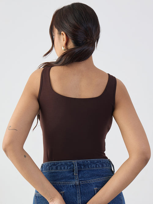 Coffee Brown Square Neck Knit Bodysuit