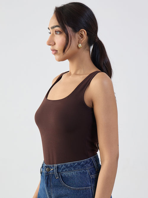 Coffee Brown Square Neck Knit Bodysuit