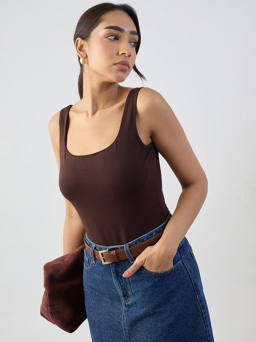 Coffee Brown Square Neck Knit Bodysuit