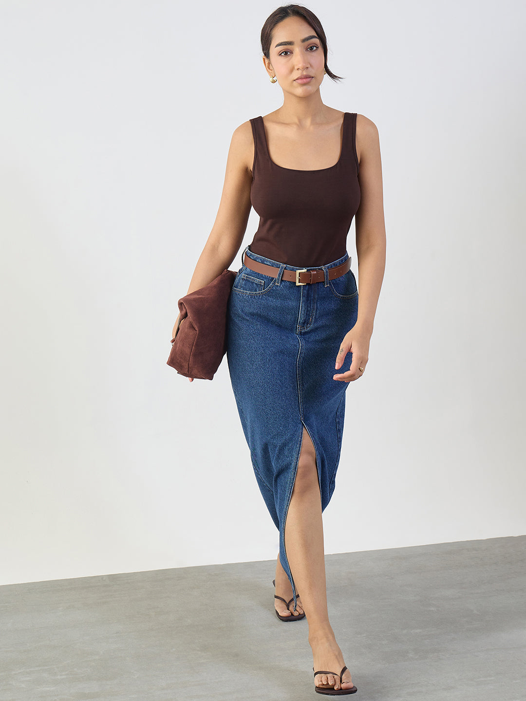 Coffee Brown Square Neck Knit Bodysuit