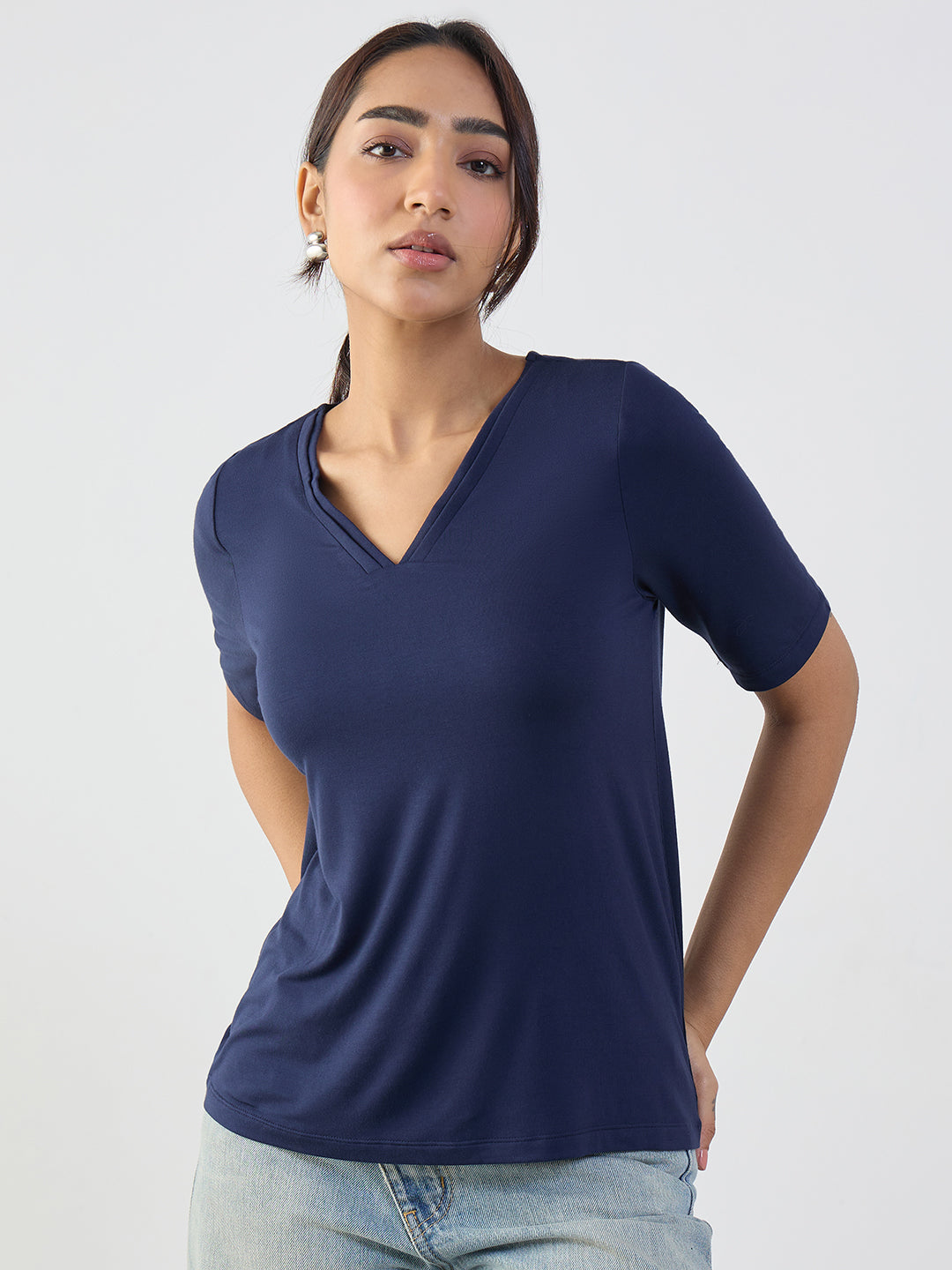 Bamboo Navy V-Neck Basic T- Shirt