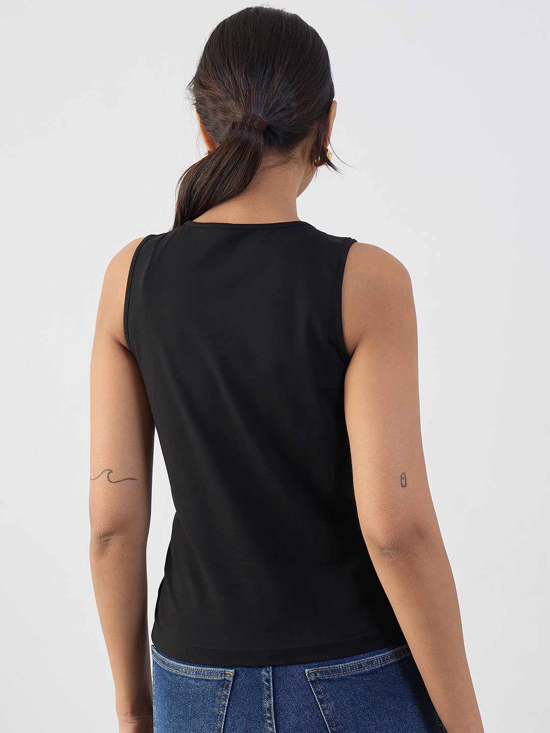 Black Cotton Knit Side Knot Detail Top