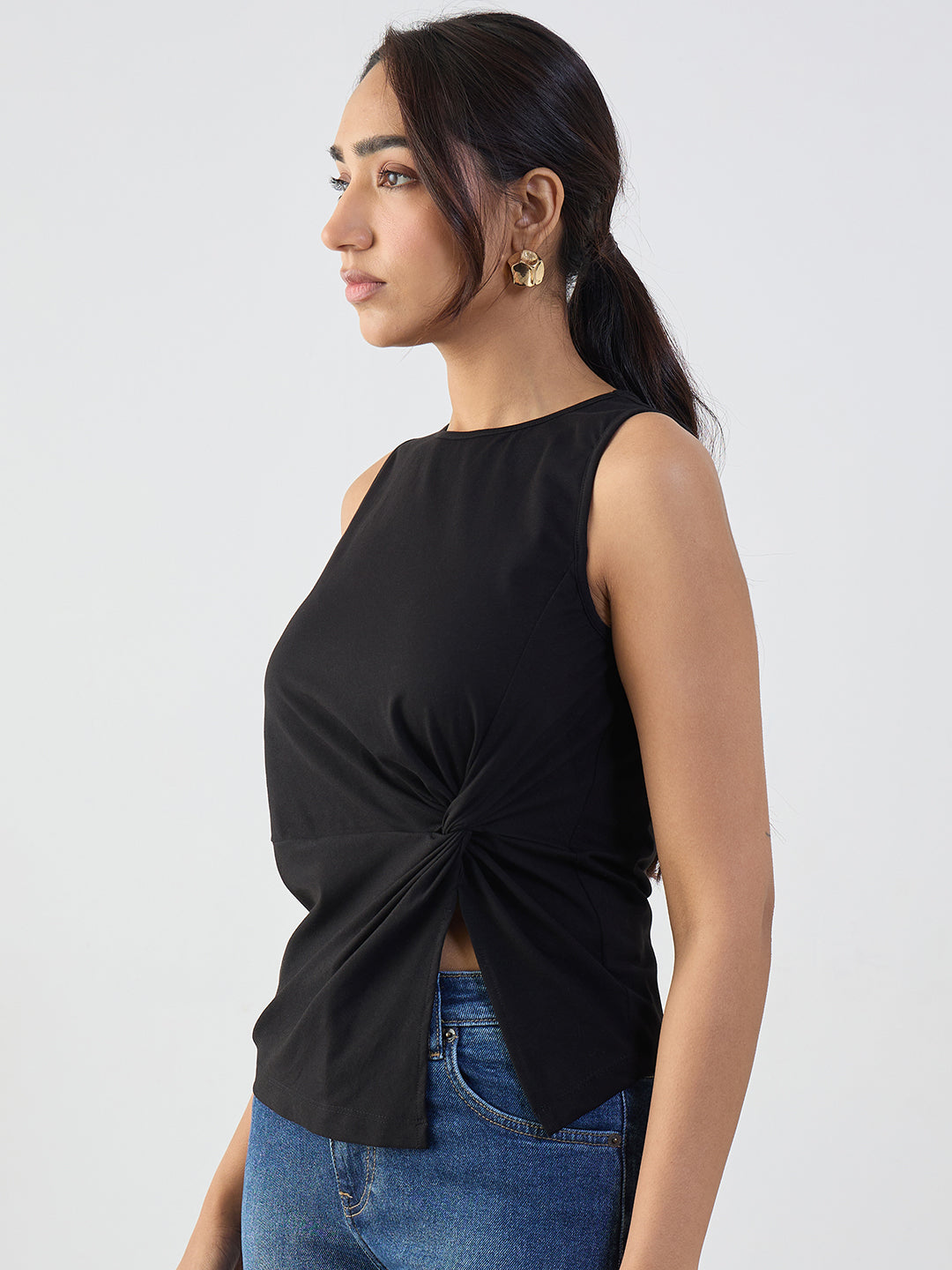 Black Cotton Knit Side Knot Detail Top