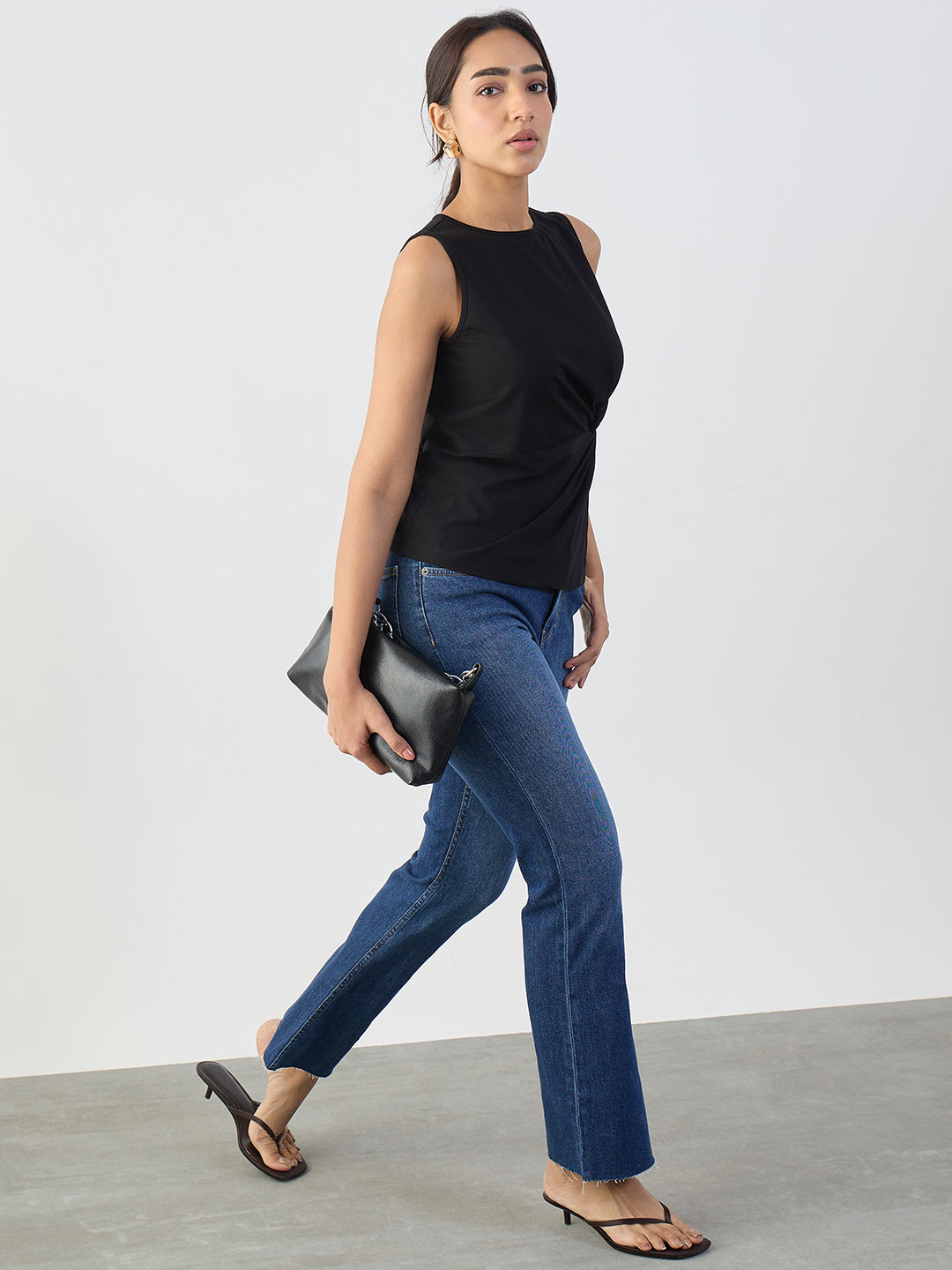 Black Cotton Knit Side Knot Detail Top