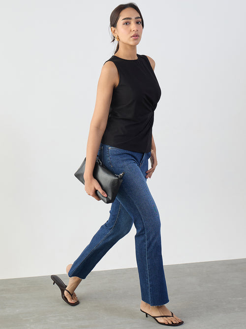 Black Cotton Knit Side Knot Detail Top