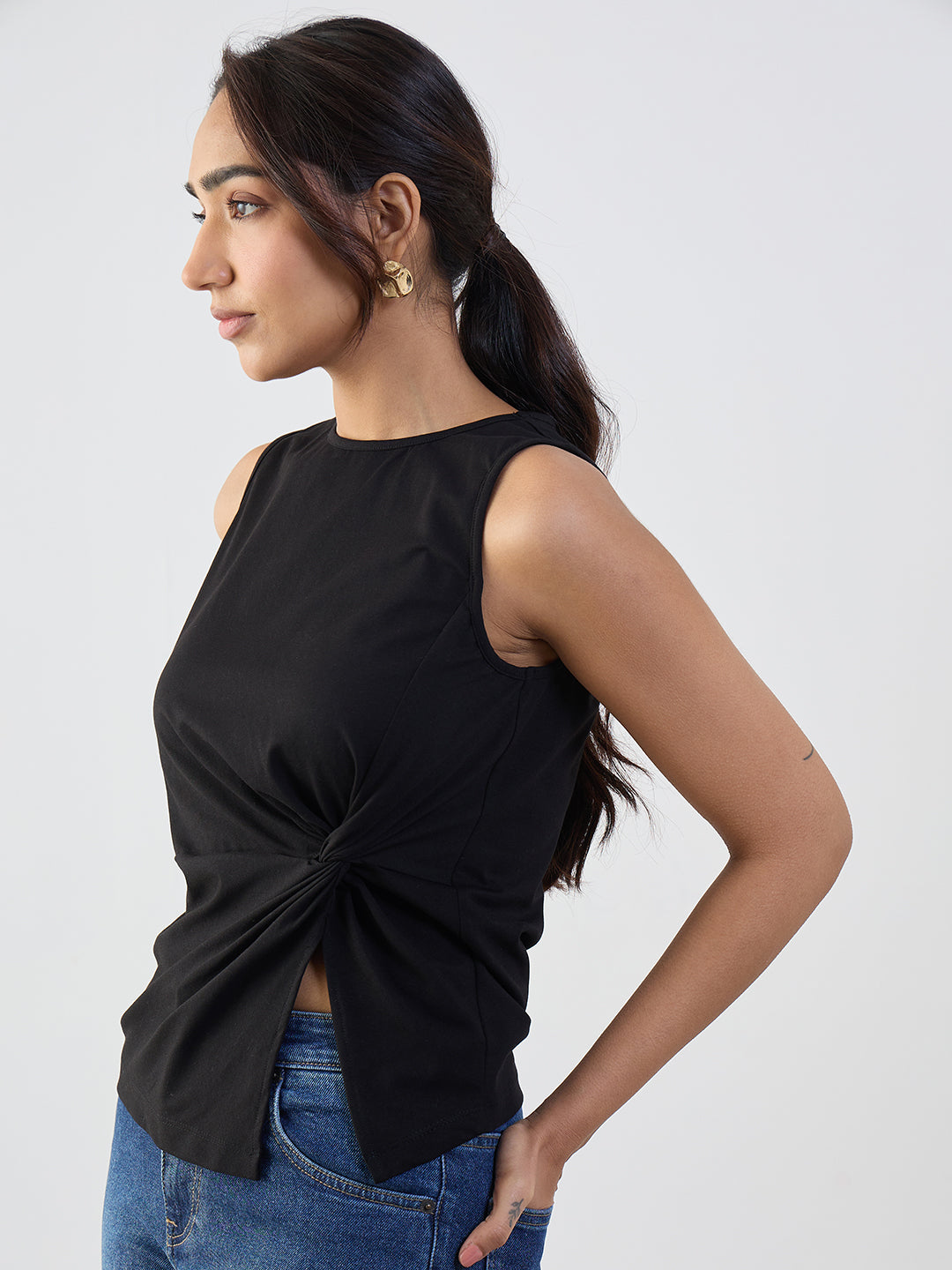 Black Cotton Knit Side Knot Detail Top