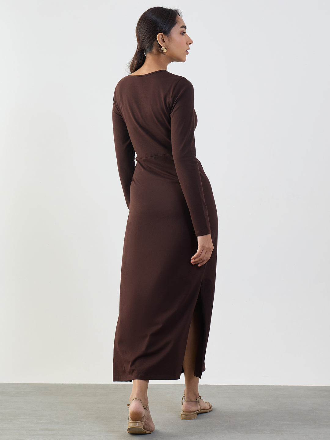 Coffee Brown Cotton Knit Tie-Up Maxi Dress