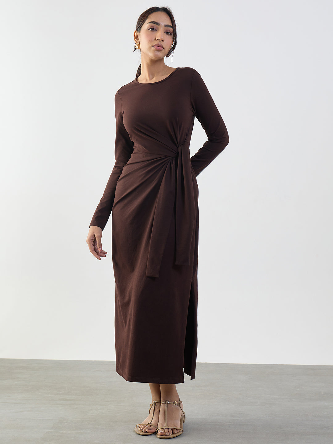 Coffee Brown Cotton Knit Tie-Up Maxi Dress