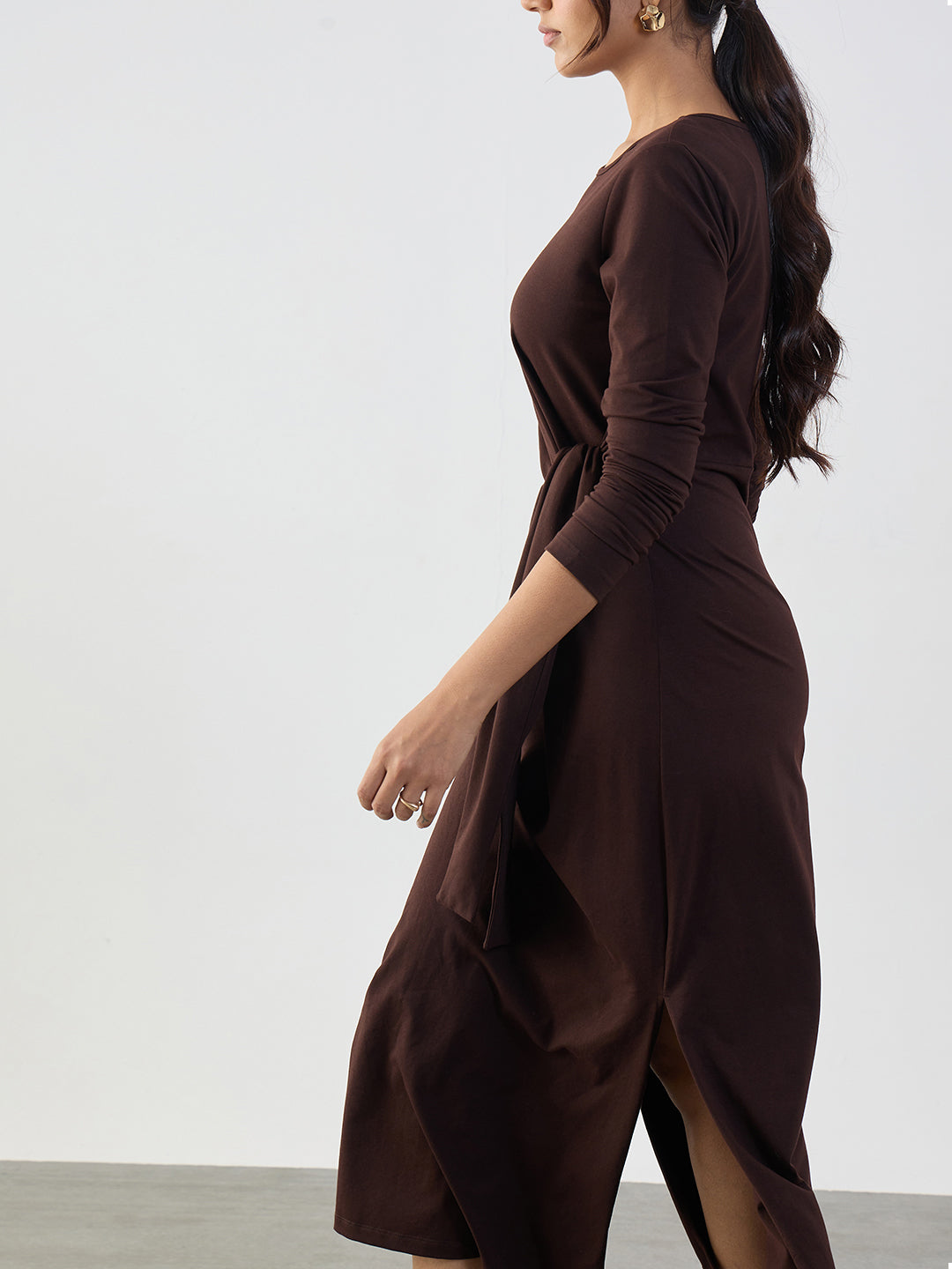 Coffee Brown Cotton Knit Tie-Up Maxi Dress