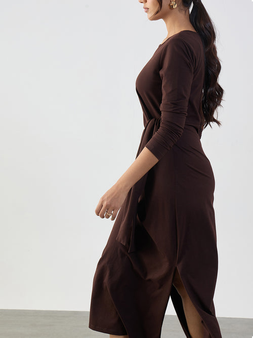 Coffee Brown Cotton Knit Tie-Up Maxi Dress