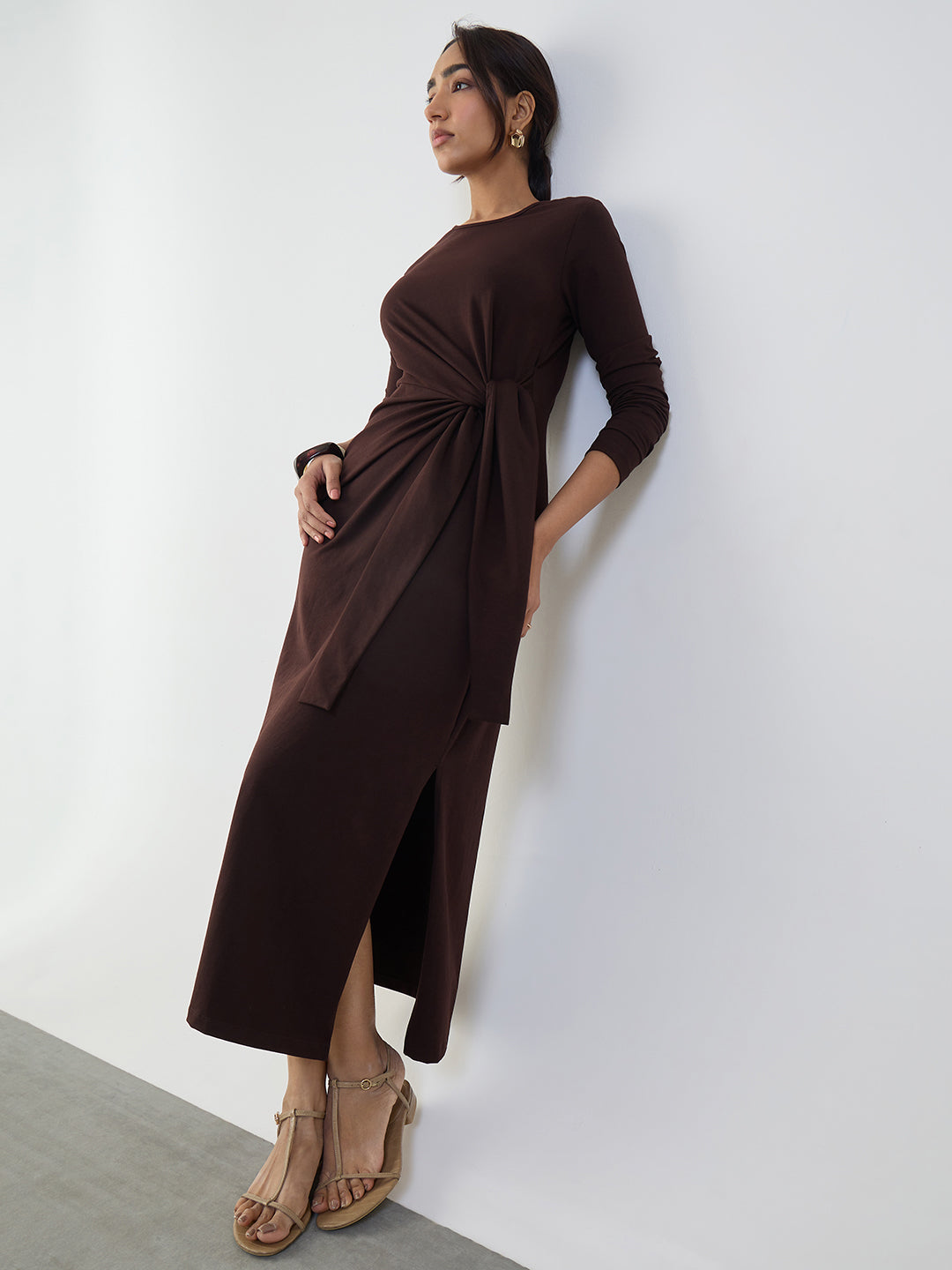 Coffee Brown Cotton Knit Tie-Up Maxi Dress