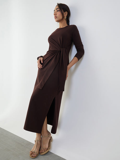 Coffee Brown Cotton Knit Tie-Up Maxi Dress