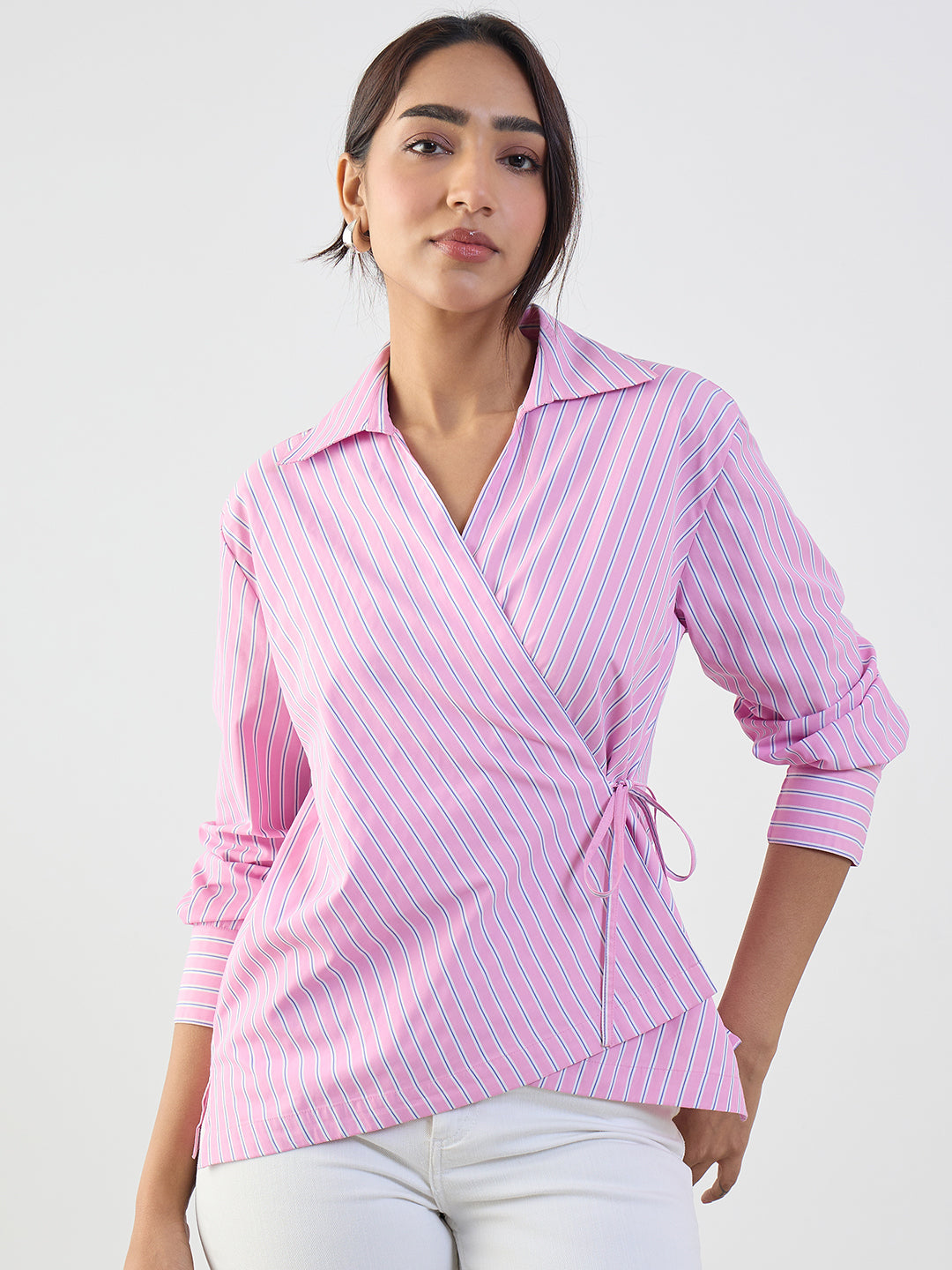Pink Stripe Asymmetric Wrap Top