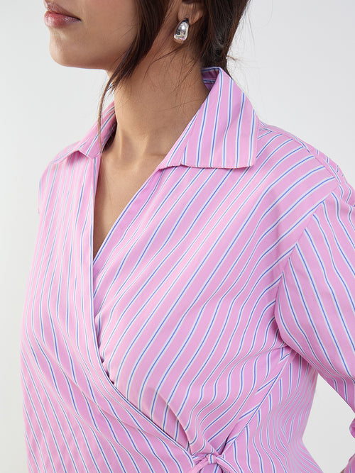 Pink Stripe Asymmetric Wrap Top