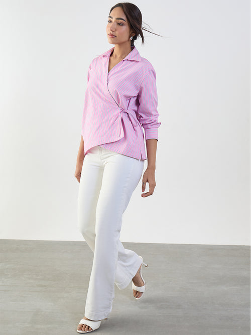 Pink Stripe Asymmetric Wrap Top