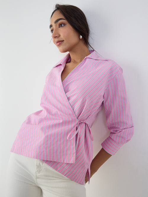 Pink Stripe Asymmetric Wrap Top