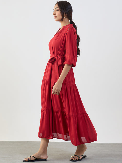 Red Schiffli Tiered Maxi Dress