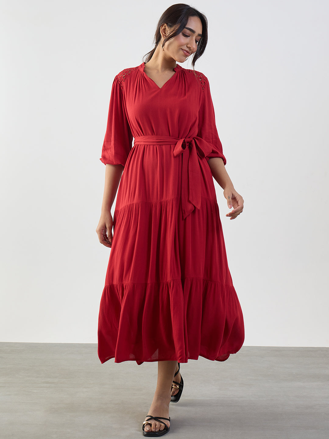 Red Schiffli Tiered Maxi Dress
