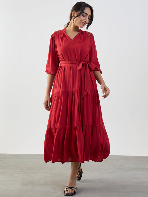 Red Schiffli Tiered Maxi Dress