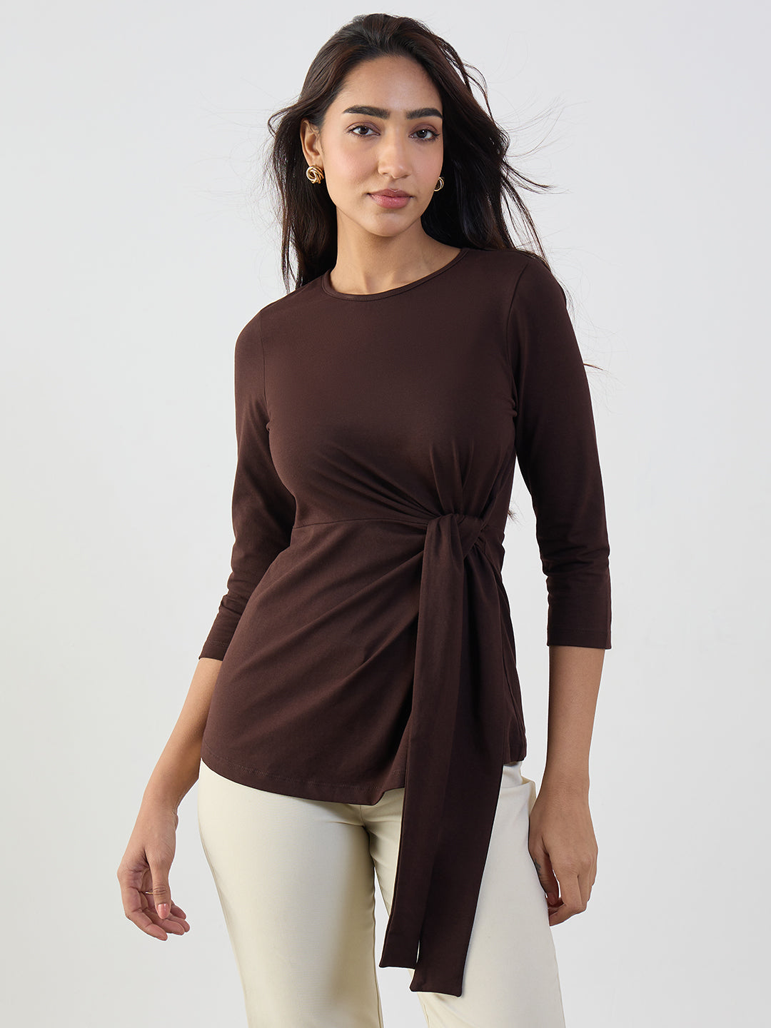 Coffee Brown Cotton Knit Tie-Up Top