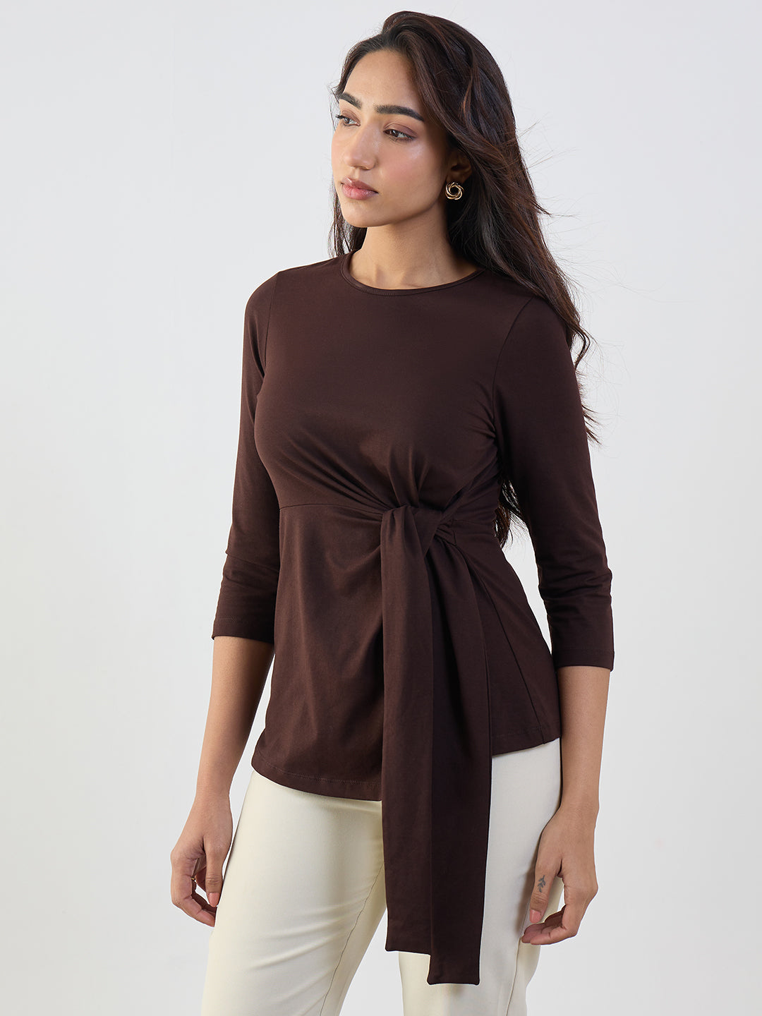 Coffee Brown Cotton Knit Tie-Up Top