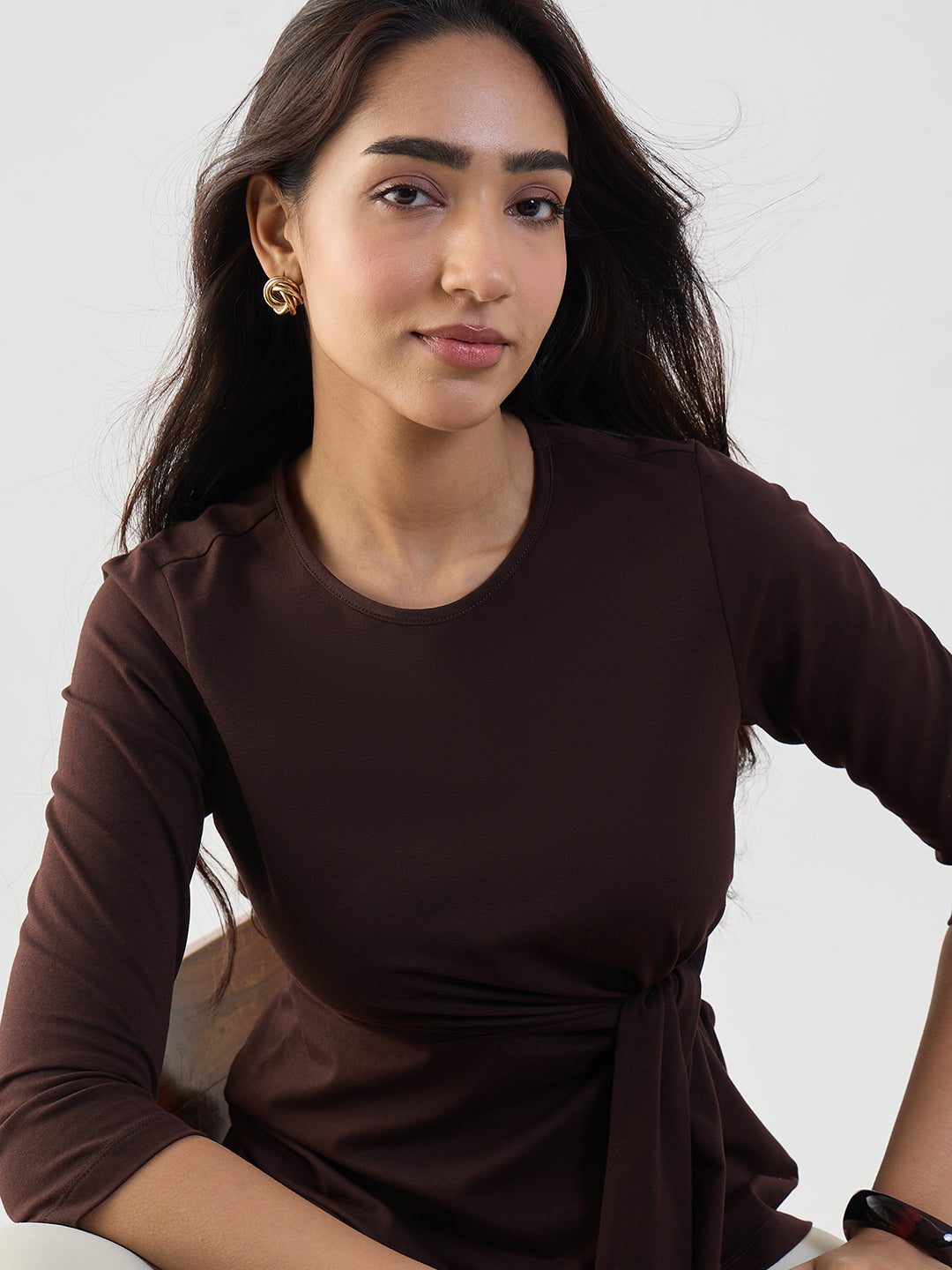 Coffee Brown Cotton Knit Tie-Up Top