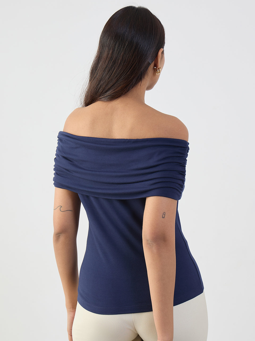 Bamboo Navy Knit Off Shoulder Top