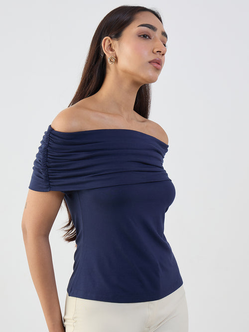 Bamboo Navy Knit Off Shoulder Top