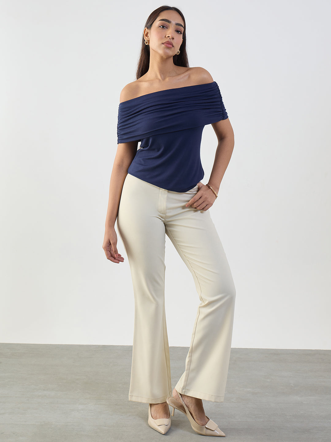 Bamboo Navy Knit Off Shoulder Top