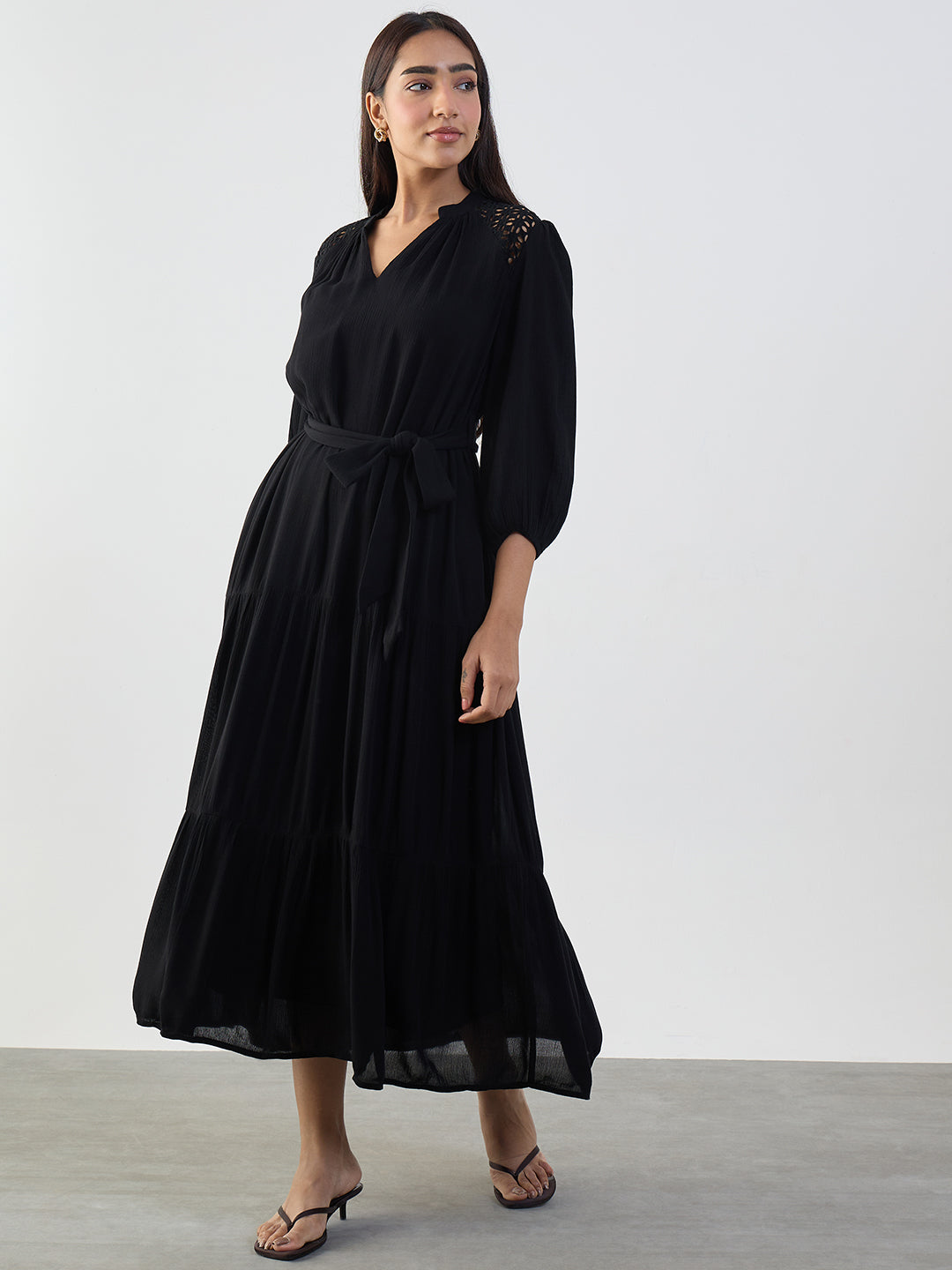 Black Schiffli Tiered Maxi Dress