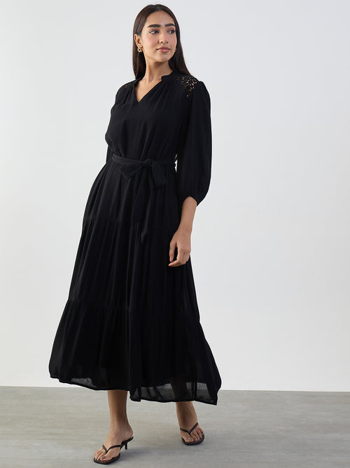 Black Schiffli Tiered Maxi Dress
