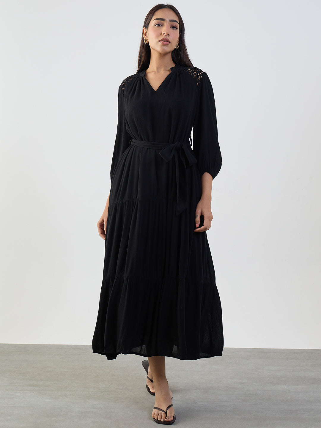 Black Schiffli Tiered Maxi Dress