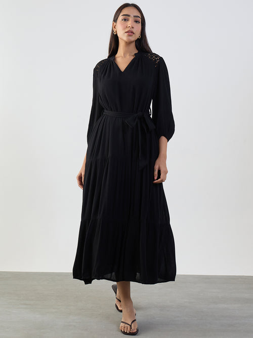 Black Schiffli Tiered Maxi Dress