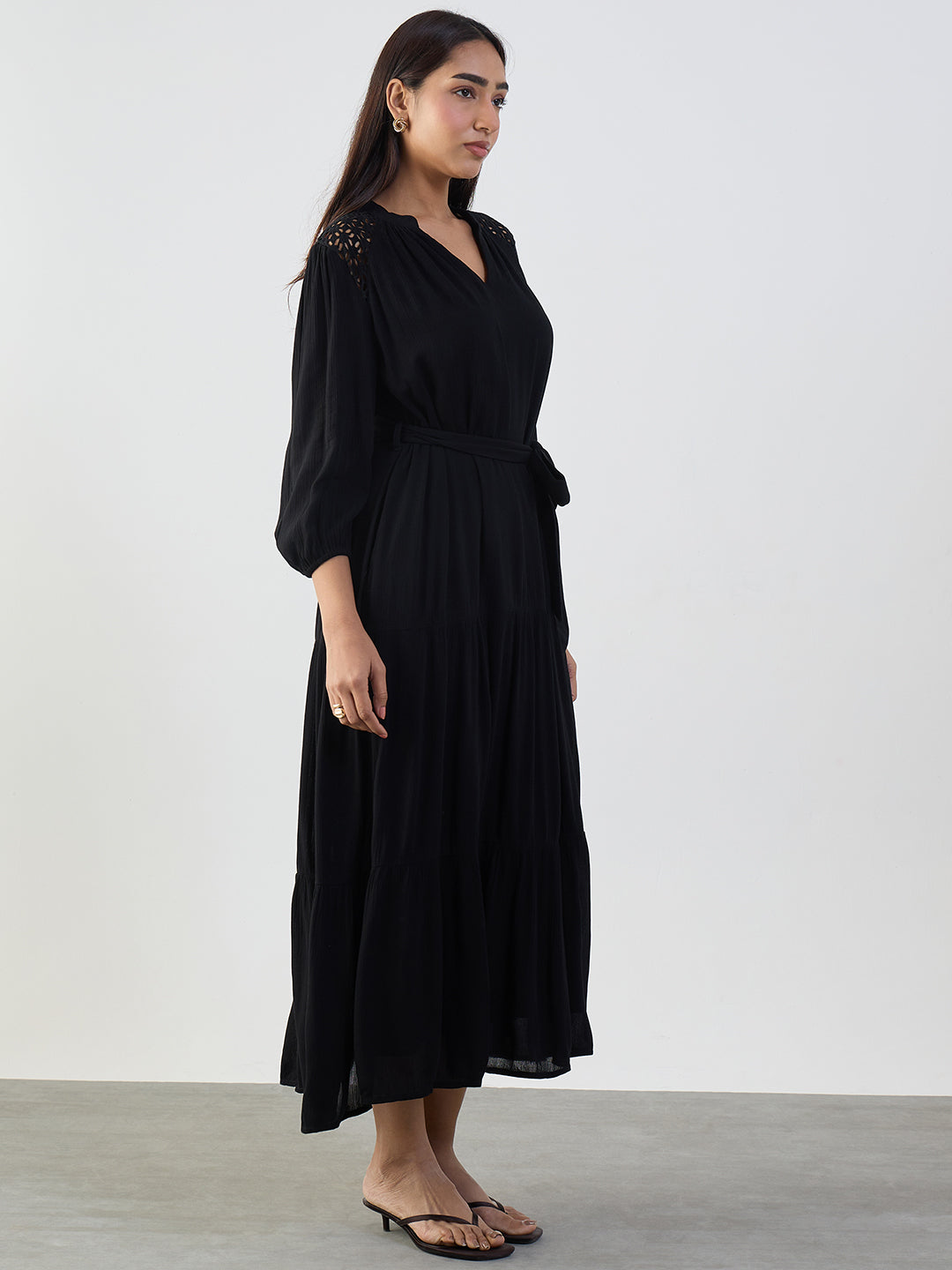Black Schiffli Tiered Maxi Dress