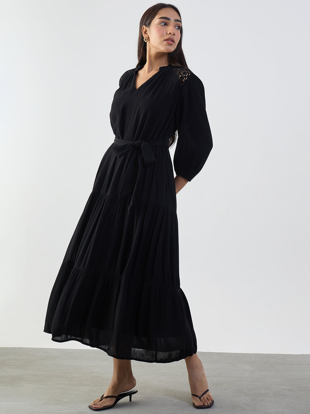 Black Schiffli Tiered Maxi Dress