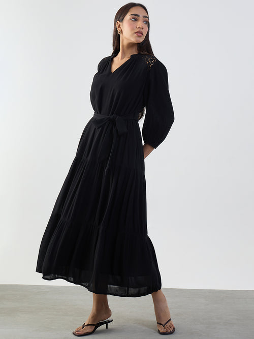 Black Schiffli Tiered Maxi Dress