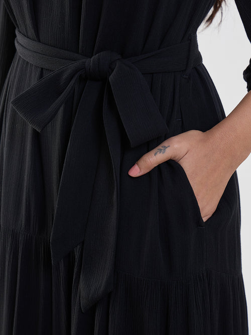 Black Schiffli Tiered Maxi Dress