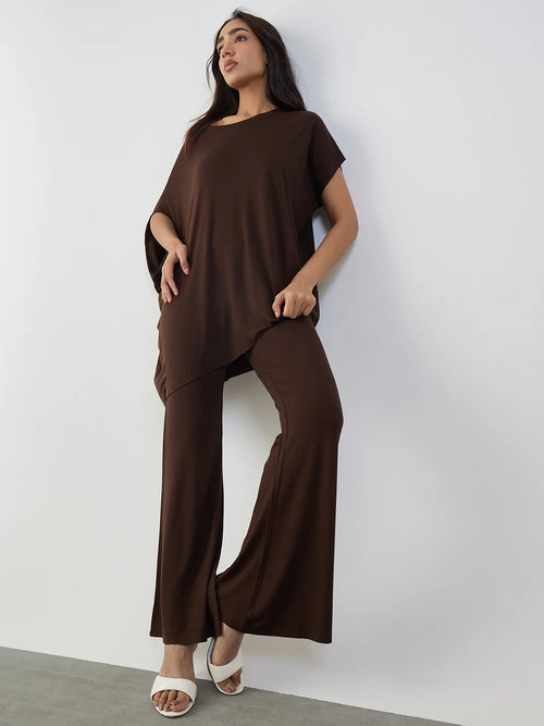 Bamboo Brown Knit Oversize Asymmetrical Top