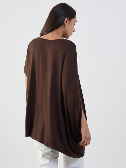 Bamboo Brown Knit Oversize Asymmetrical Top