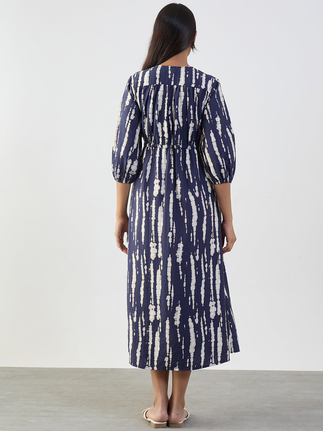 Navy Abstract Ruched Detail Midi Dress