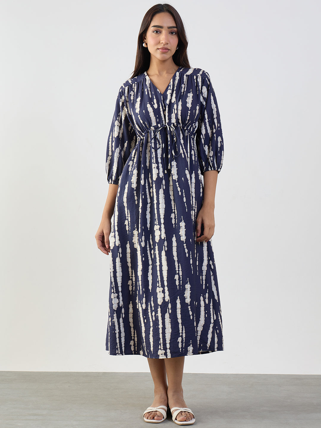Navy Abstract Ruched Detail Midi Dress