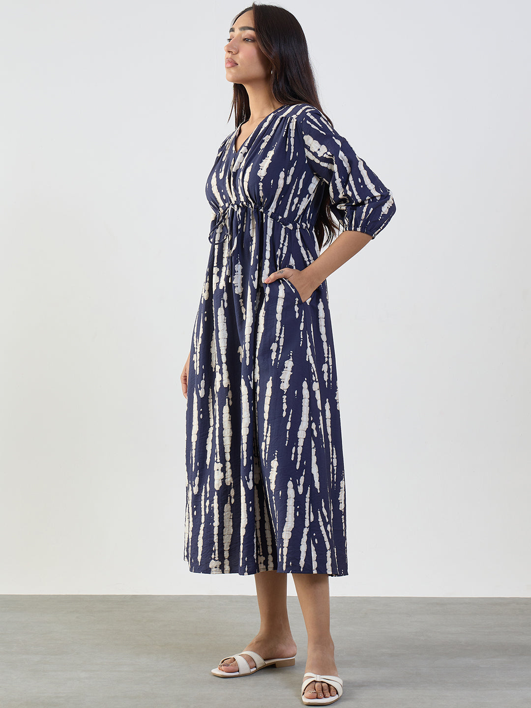 Navy Abstract Ruched Detail Midi Dress