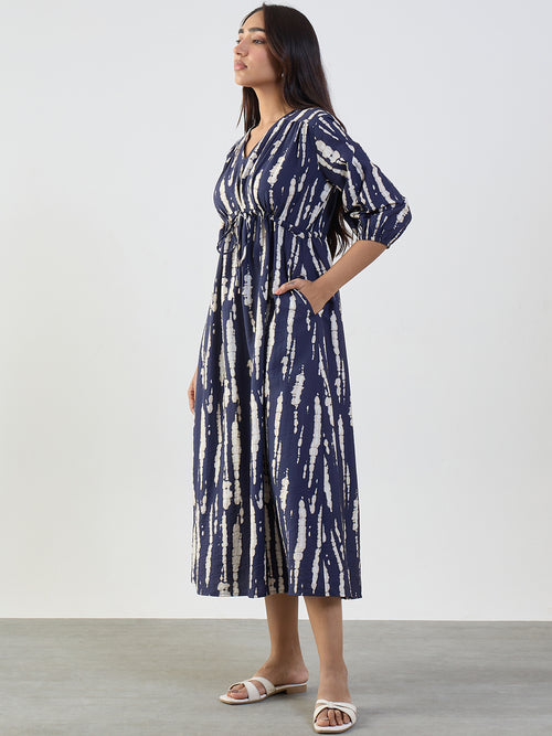 Navy Abstract Ruched Detail Midi Dress