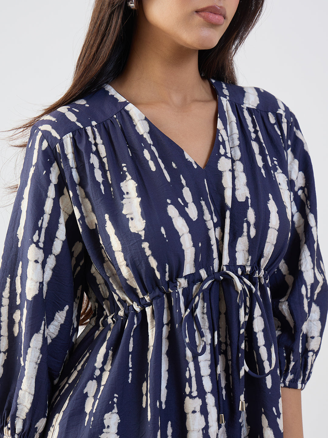 Navy Abstract Ruched Detail Midi Dress