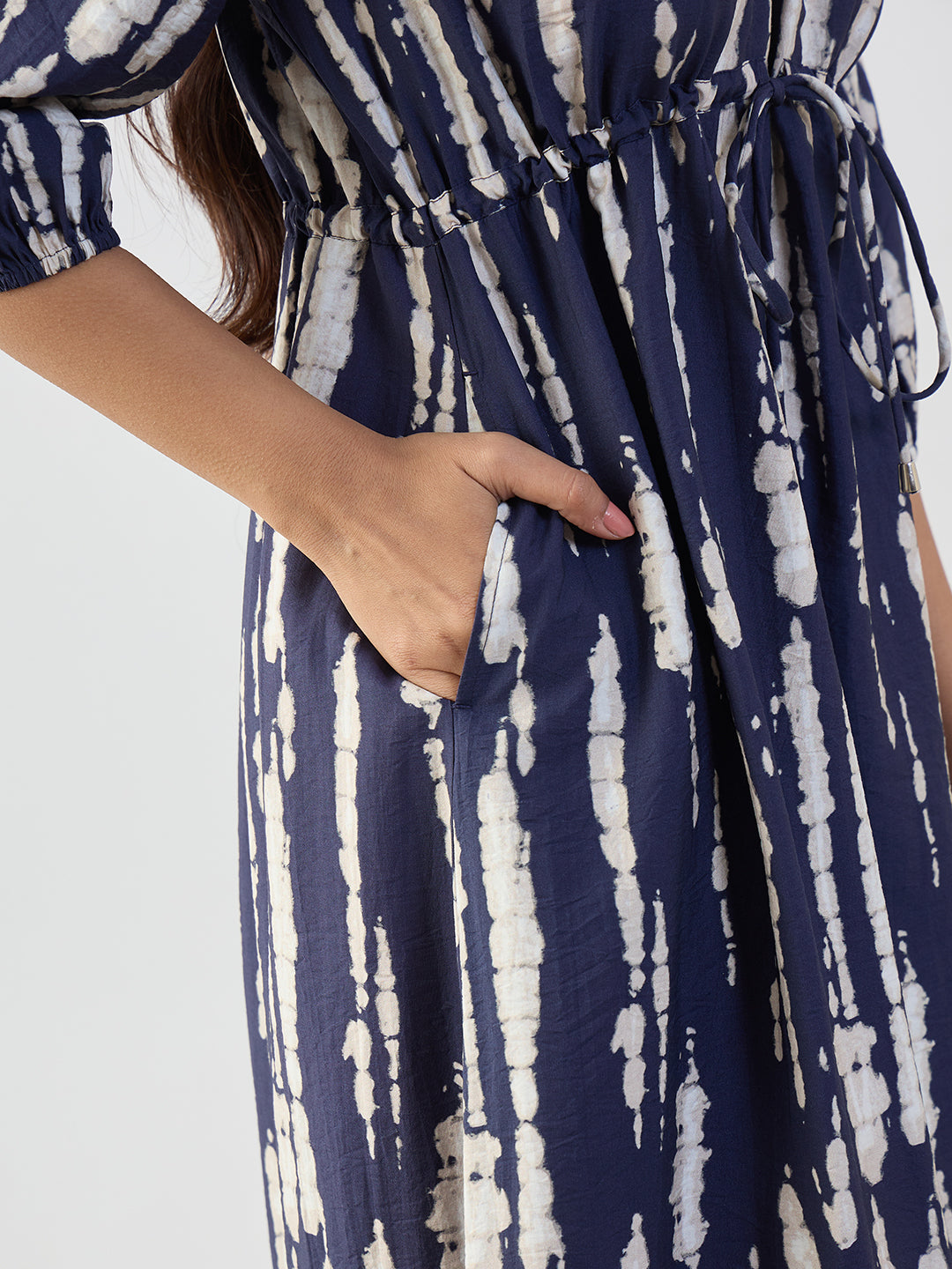 Navy Abstract Ruched Detail Midi Dress